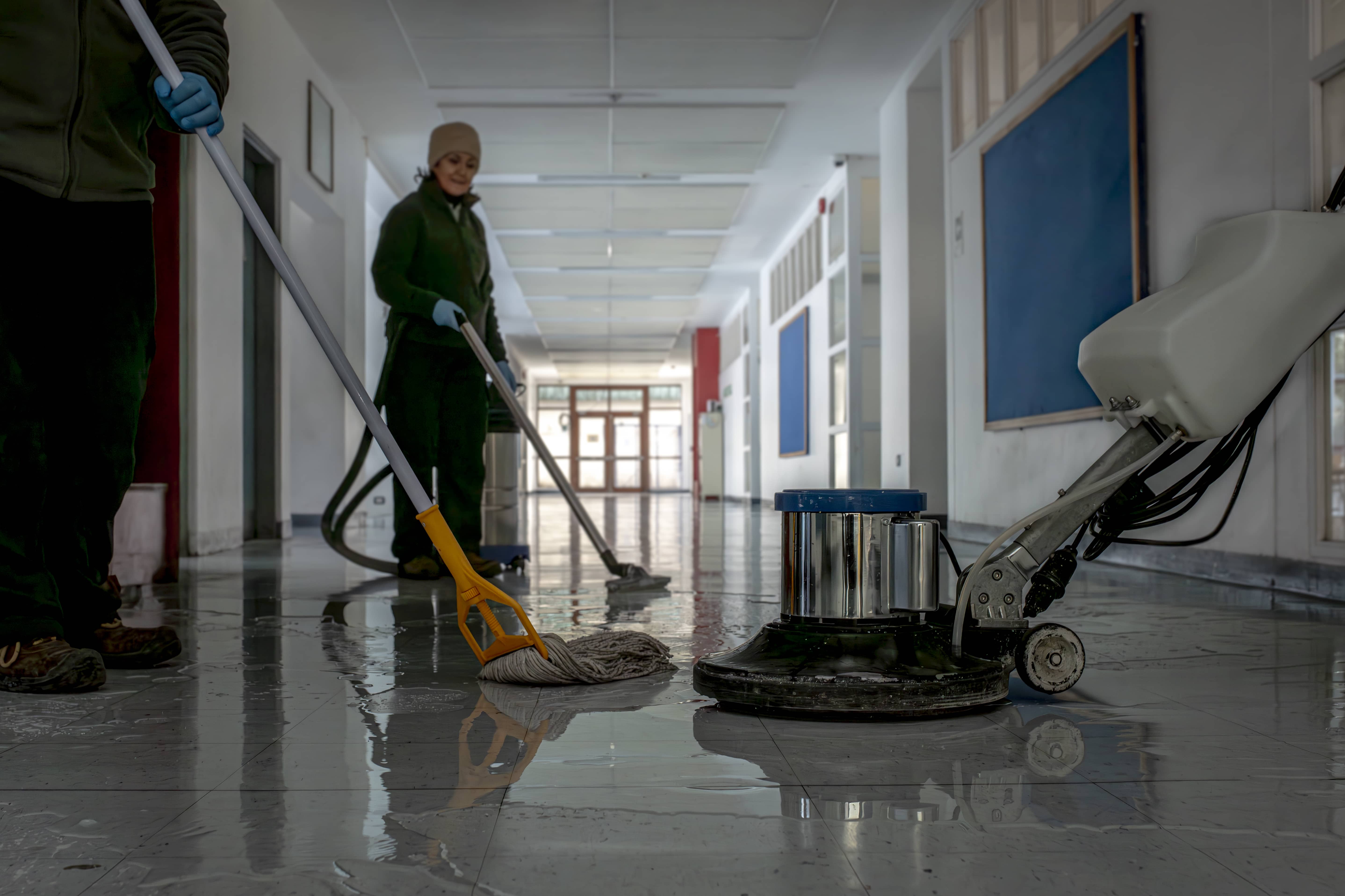 Profesionales de Guzmán y Schmidt realizando limpieza profunda de pisos escolares